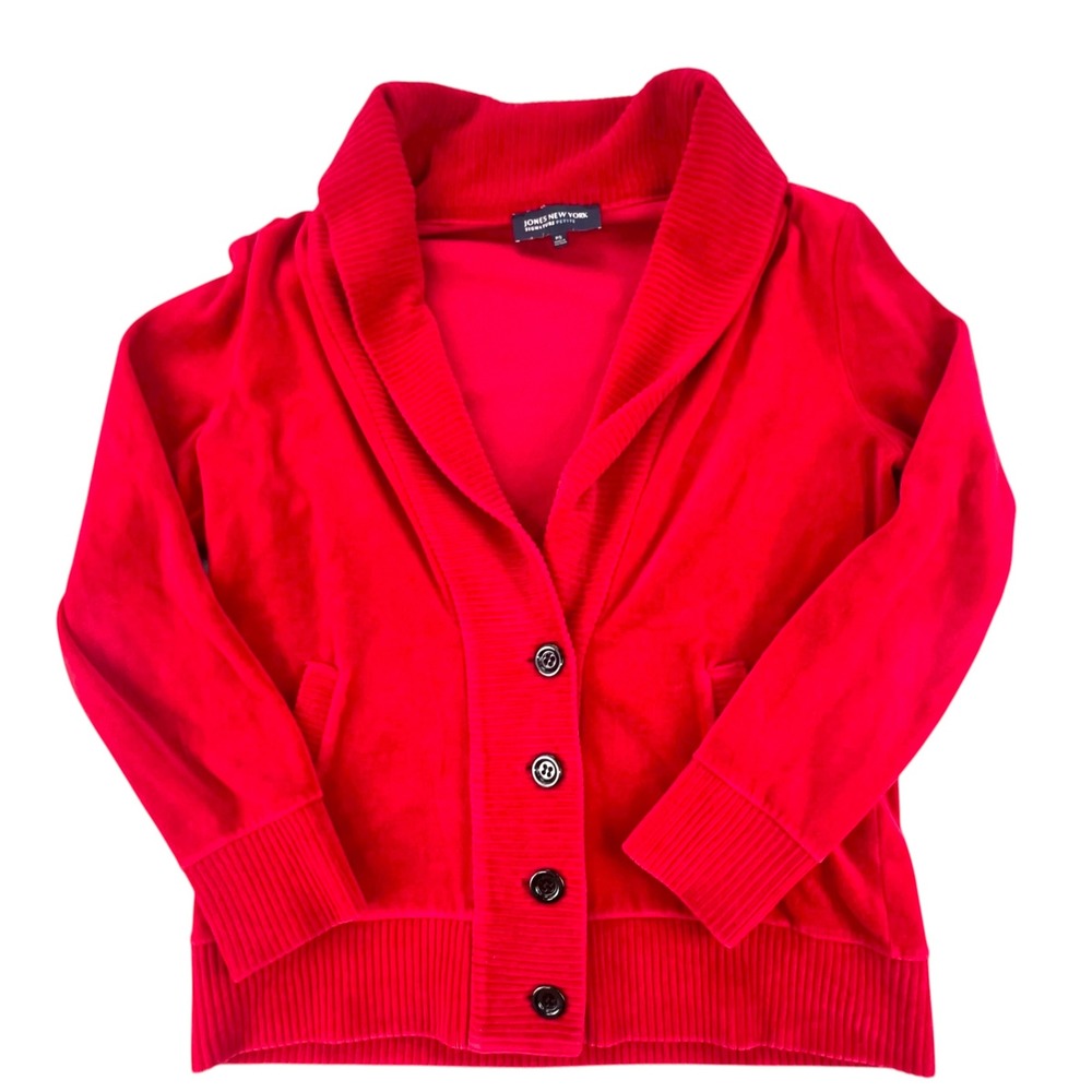 Jones New York Signature Petite Red Velour‎ Shawl Collar Cardigan Sweater PS